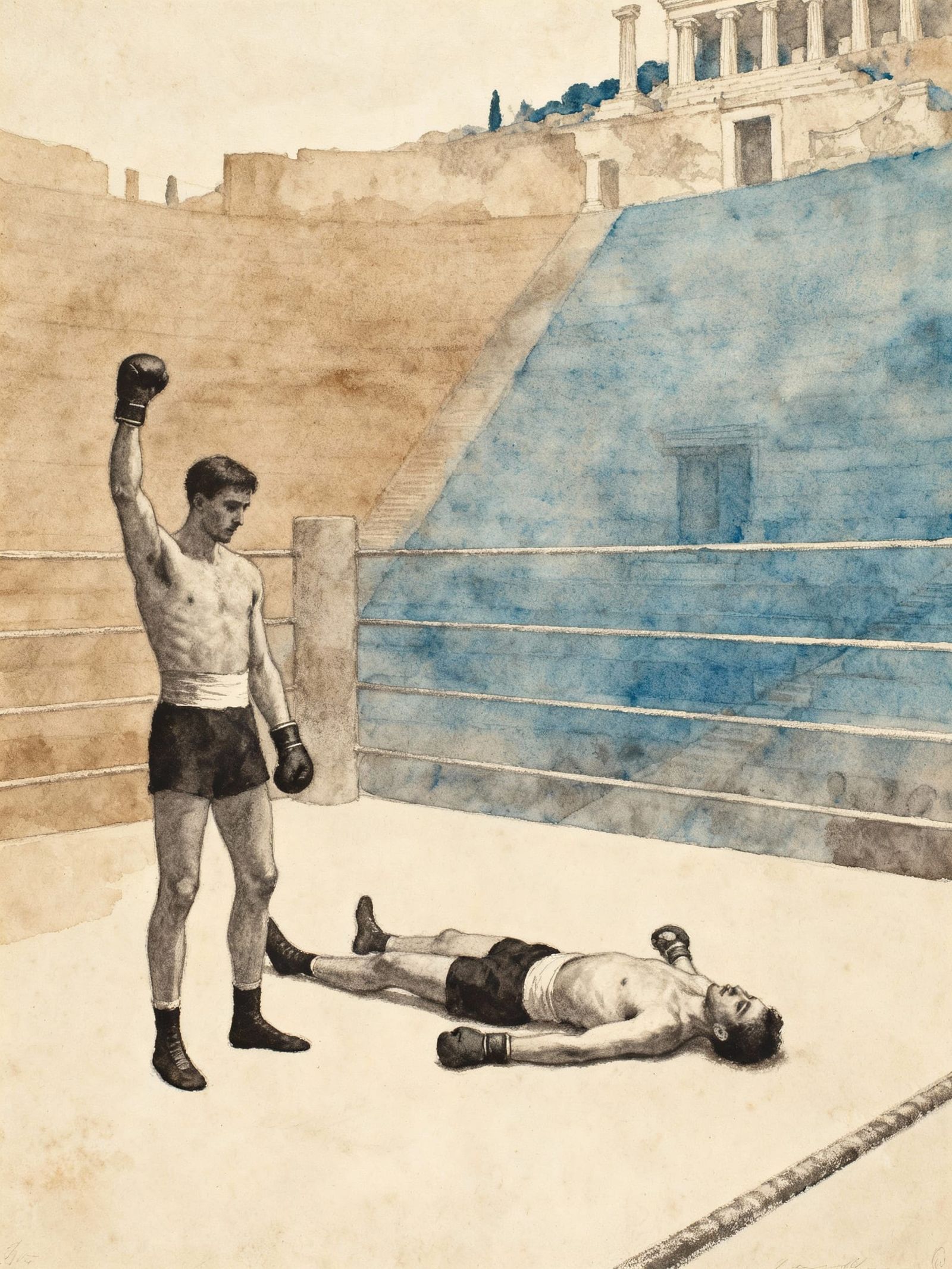 Boxing Match in Ancient Greece, Washed Ink Style