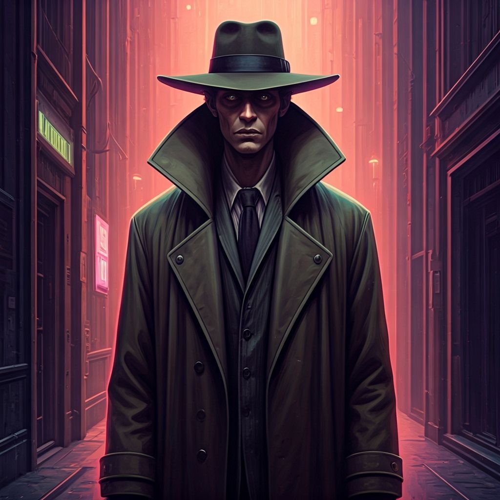 Suspicious Figure in Neon Dystopian Alley