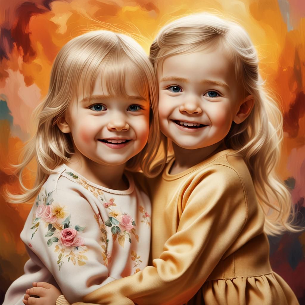 Blonde Sisters Smile in a Warm Studio Scene