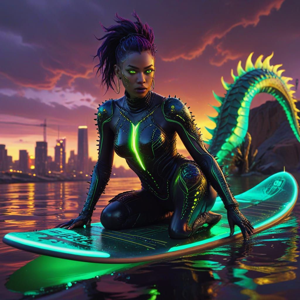 Nonbinary Cyberpunk Hero Soars Above the City in Neon Glory