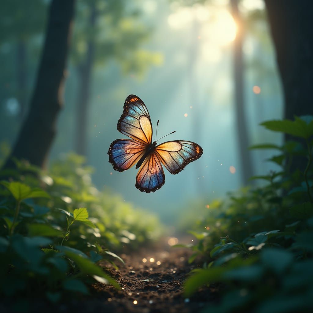 Majestic Iridescent Butterfly Flits Through Misty Forest in ...