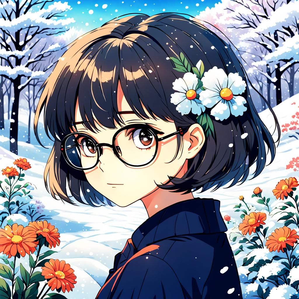 Cute Woman in 80s Anime Style with Flowers