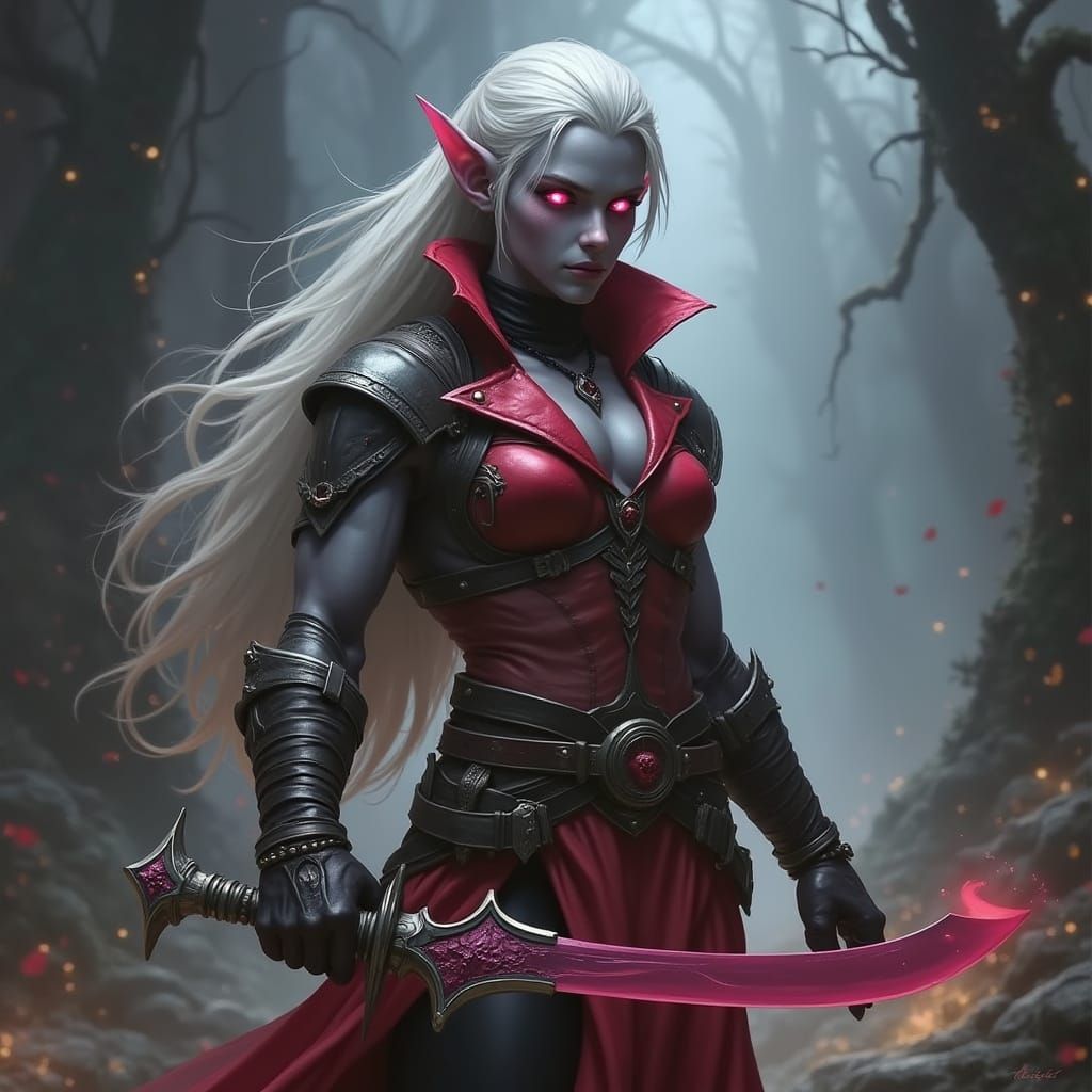Drow Elf Rogue in Red Leather with Pink Eyes