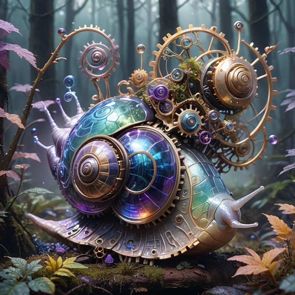 Technologically Advanced Snail Navigating Misty Forest