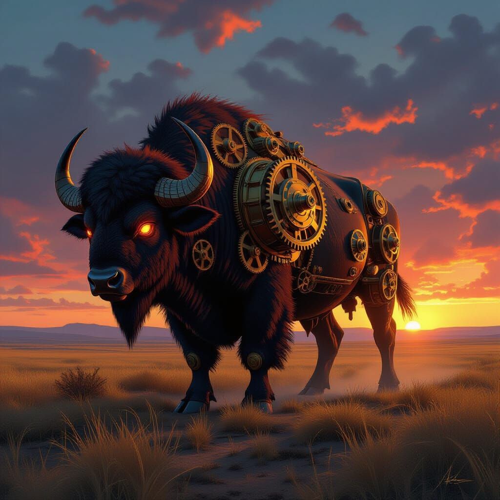 Clockwork Buffalo in Windswept Prairie, Digital Art