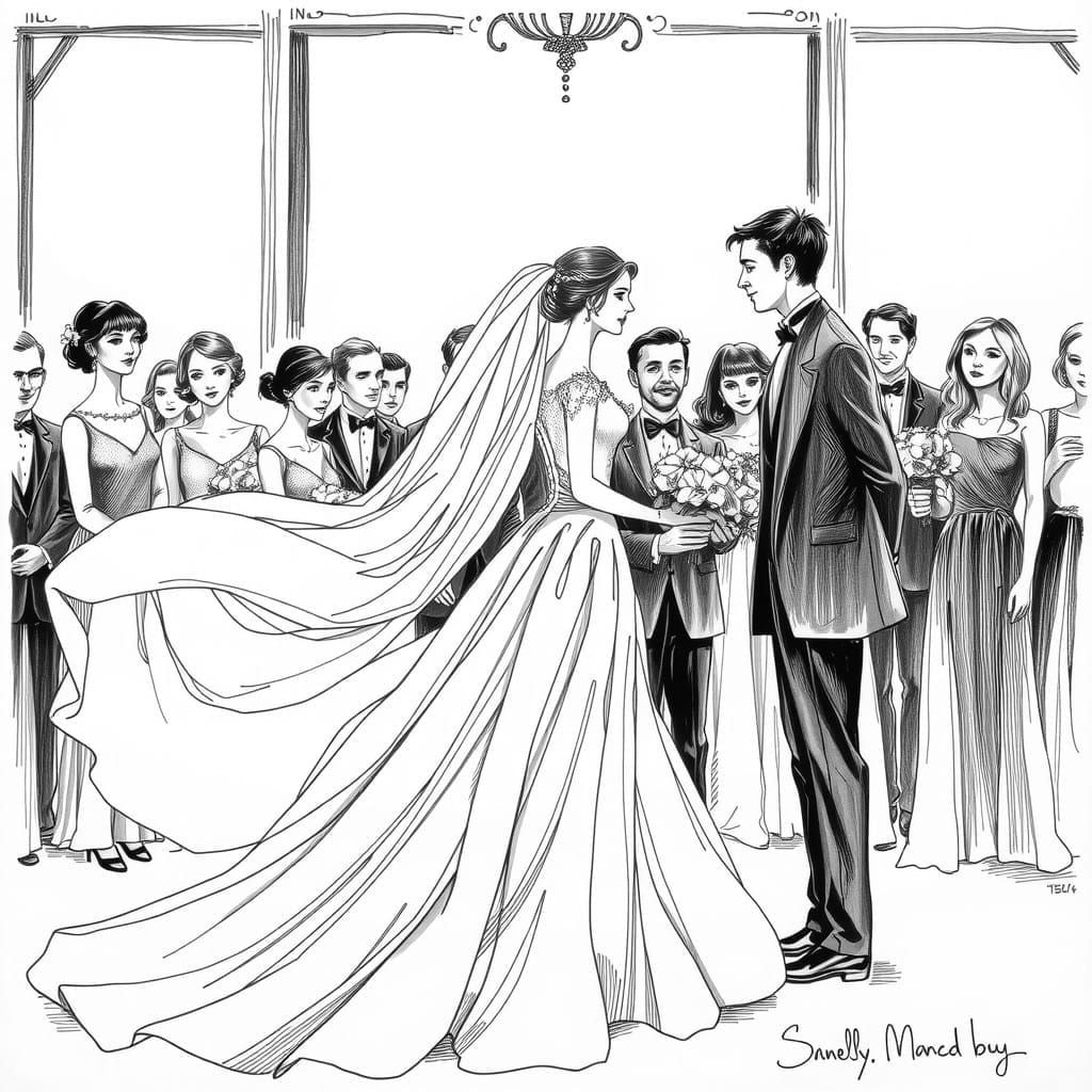 Romantic Ink Drawing of Bride and Groom
