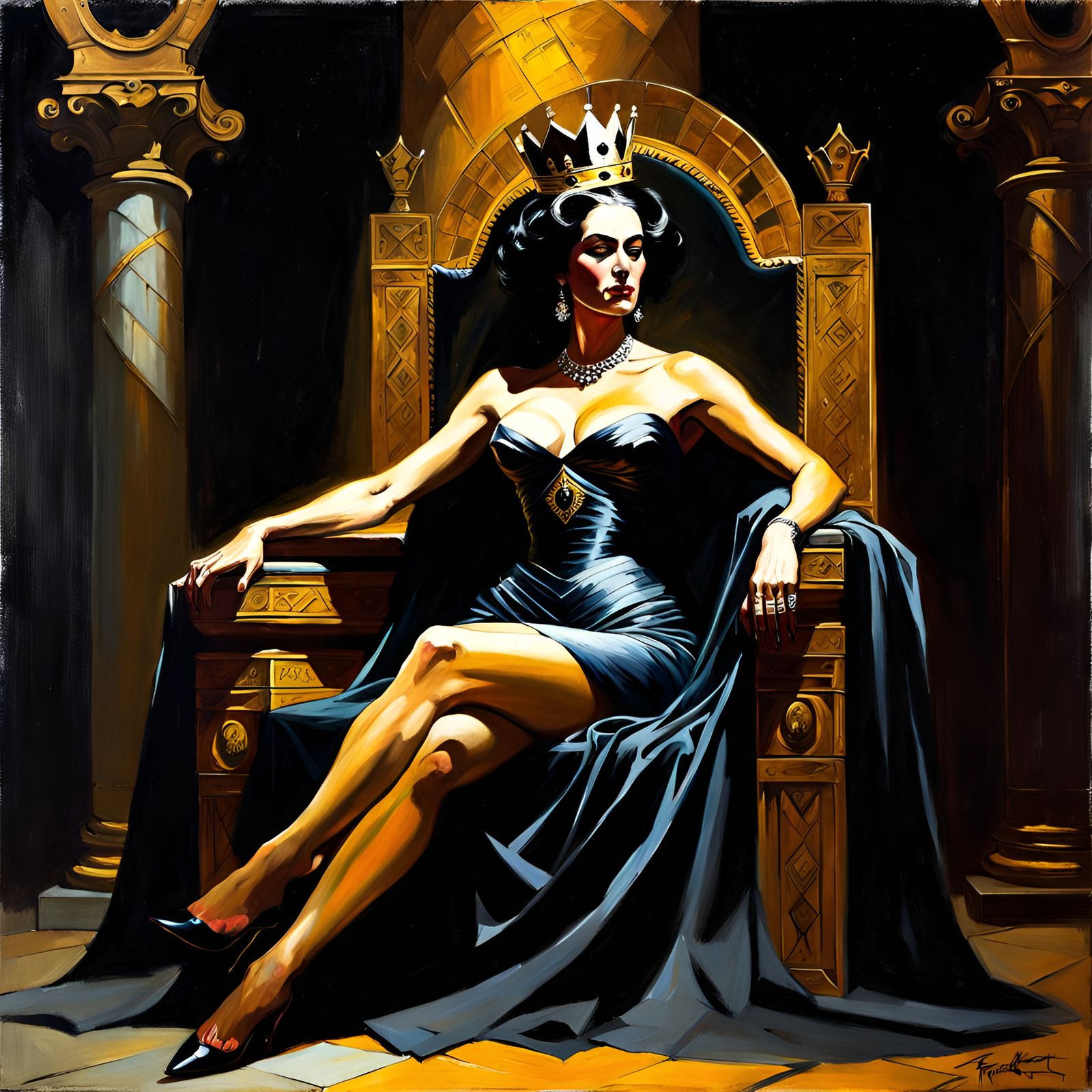 Solemn Queen in Dark Room Oil Painting