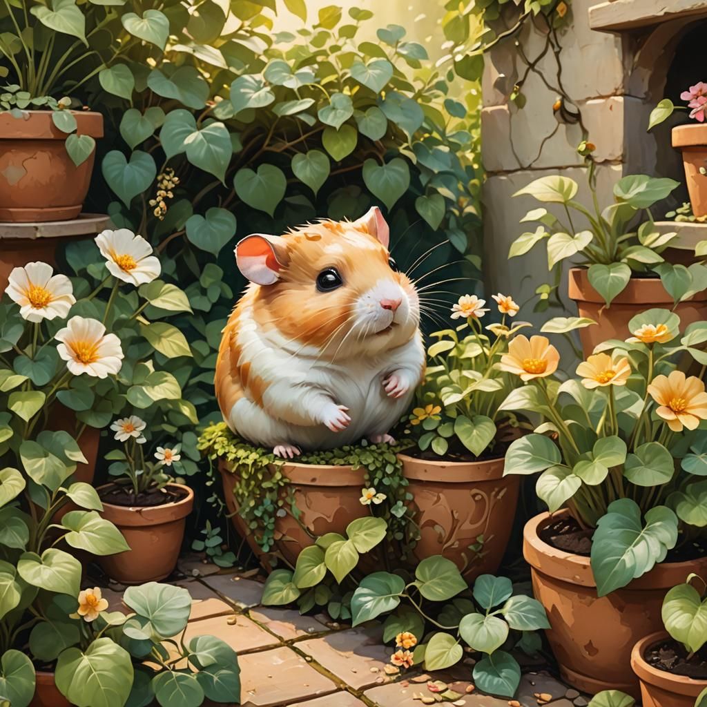 Chubby Hamster in Fantasy Garden: Oil Painting