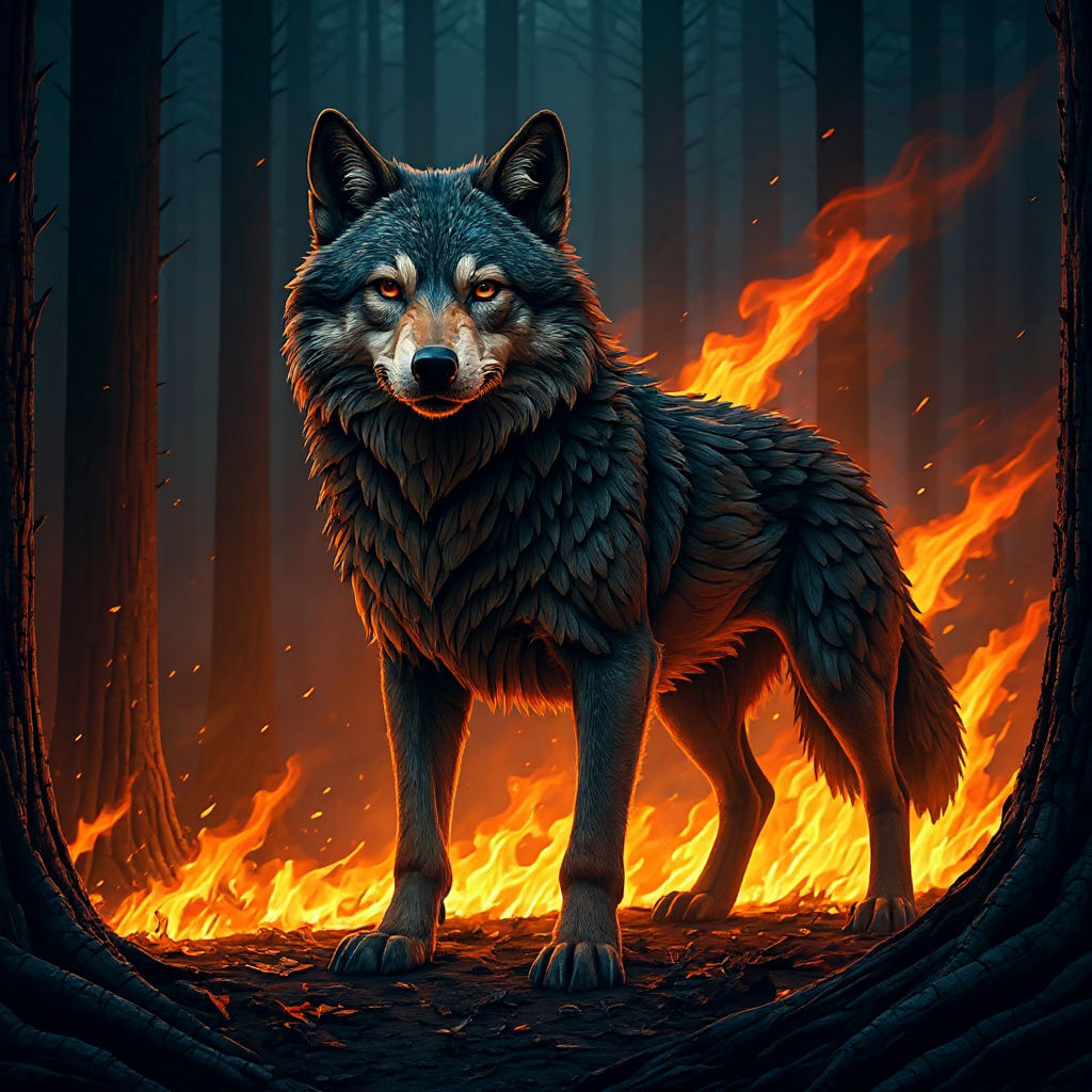 Timber Wolf in Fiery Forest