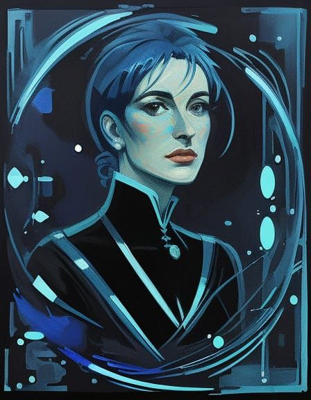 Pretty Woman Amidst Luminescent Gases in Prussian Blue