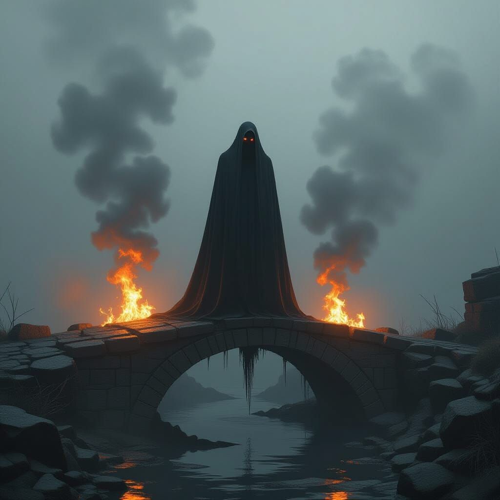 Figure in Flames on Crumbling Bridge, Surreal Style