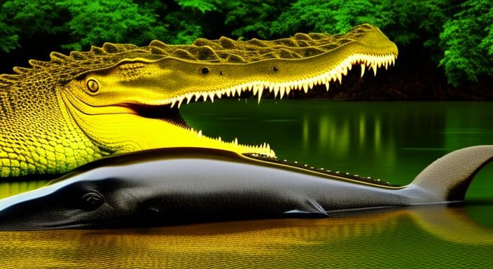 Sinister Crocodile-Whale Hybrid in Dreamlike 8K