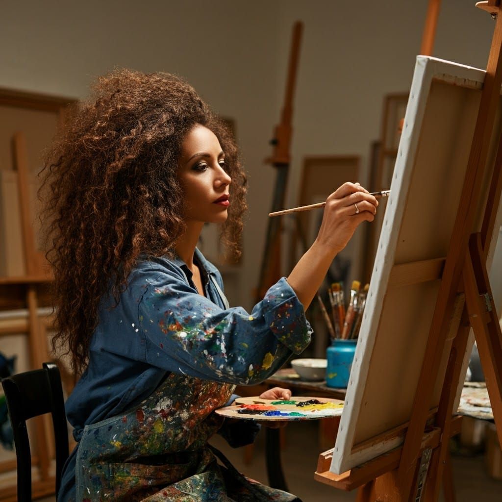 Expressive Portrait of Woman Painting in Art Studio