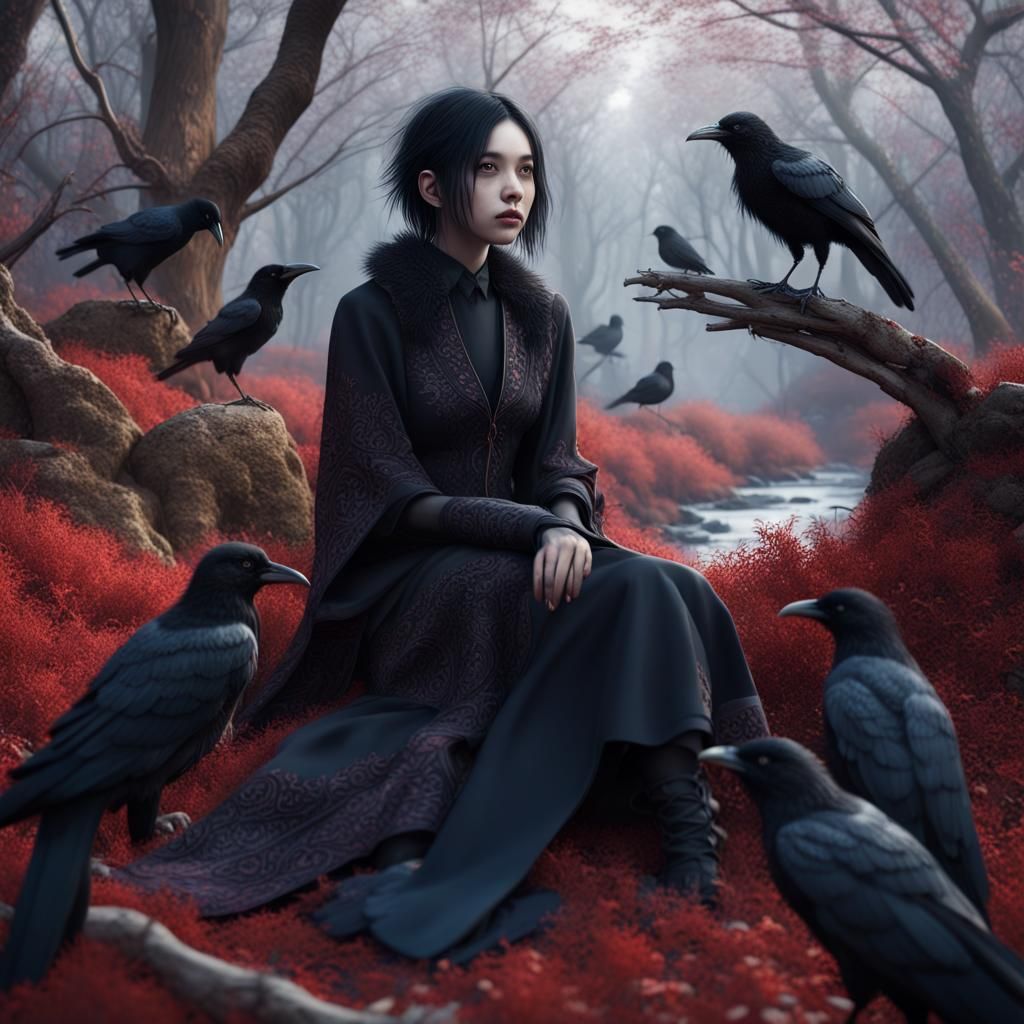 Asian Goth Girl with Crows in Winter