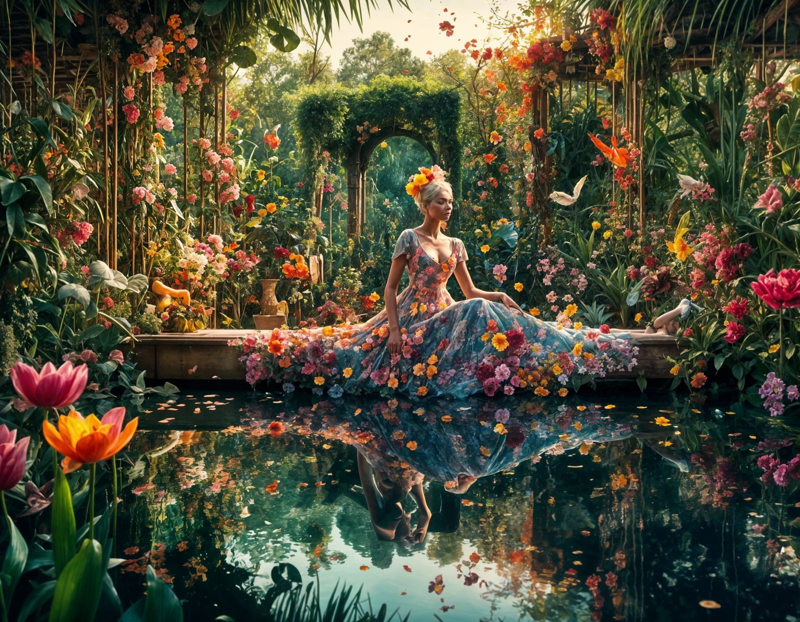 Lush Tropical Garden at Dawn in Hyperreal Style