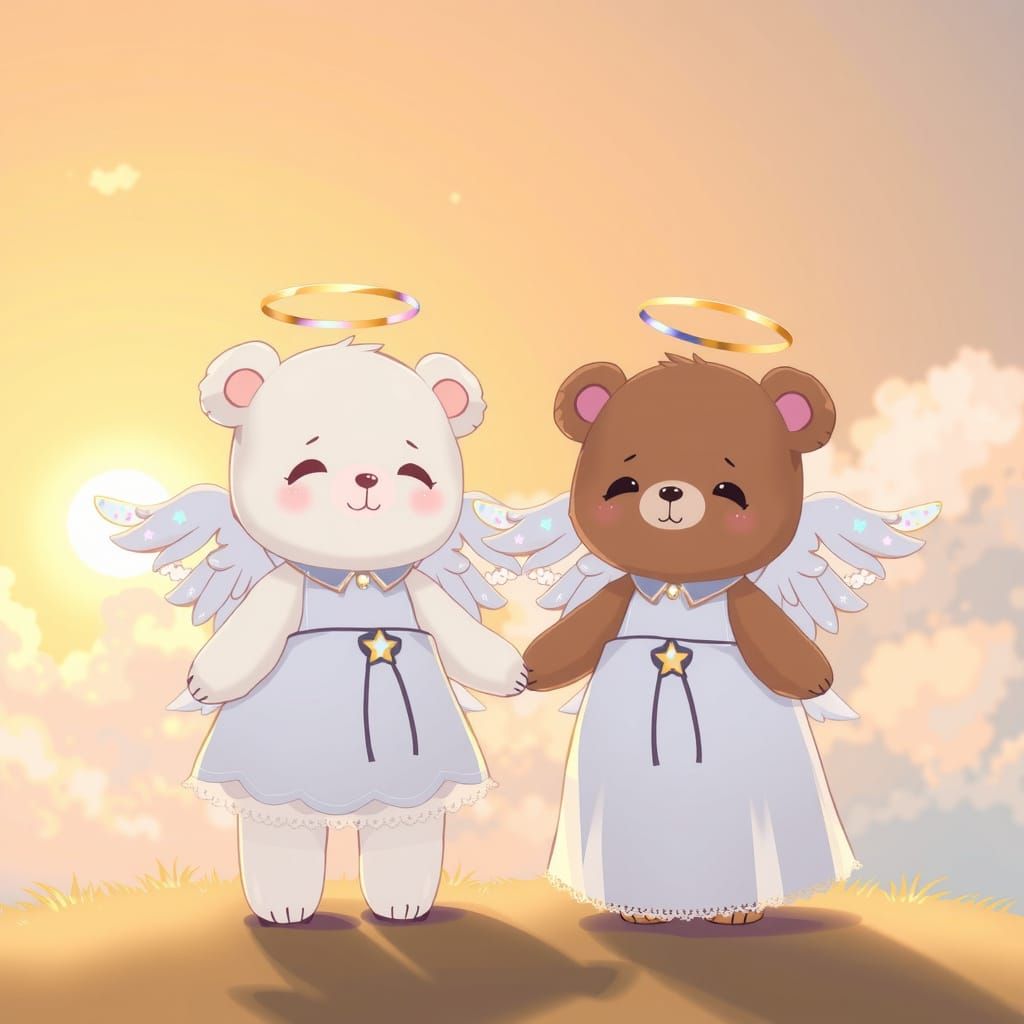 Anime Bears in Angelic Outfits Against Glowing Clouds