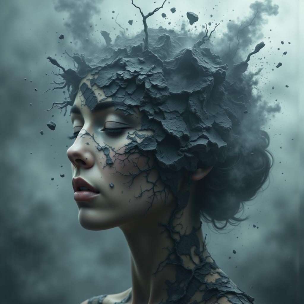 Woman's Head Cracked Open Revealing Emotional Turmoil