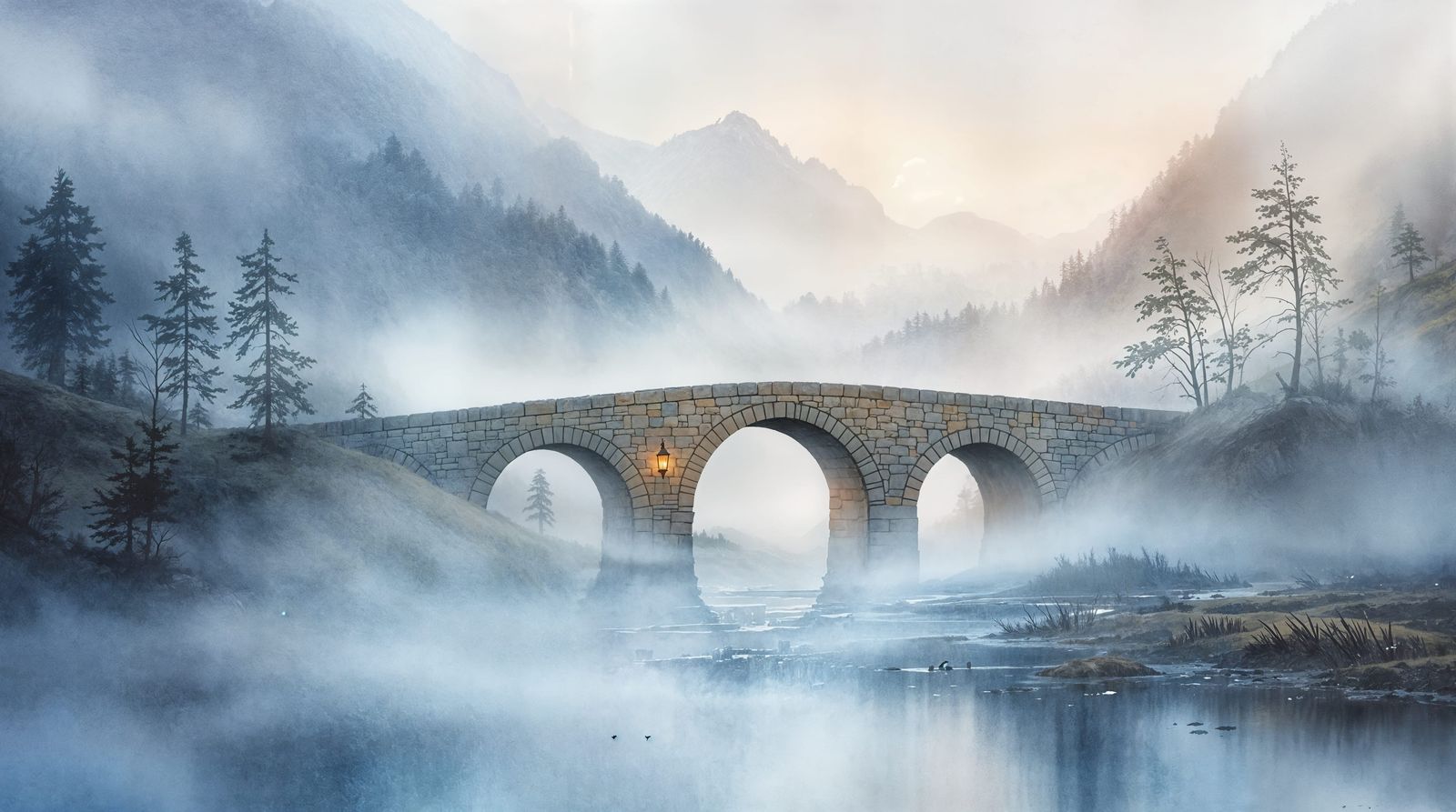 Misty Dawn Bridge in Norwegian Valley