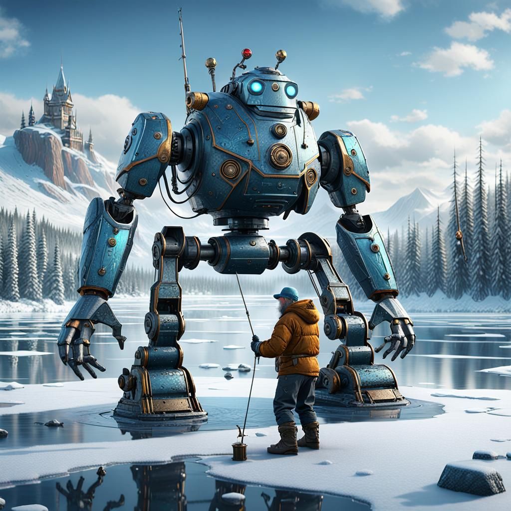 Futuristic Old Man Ice Fishing with Robot