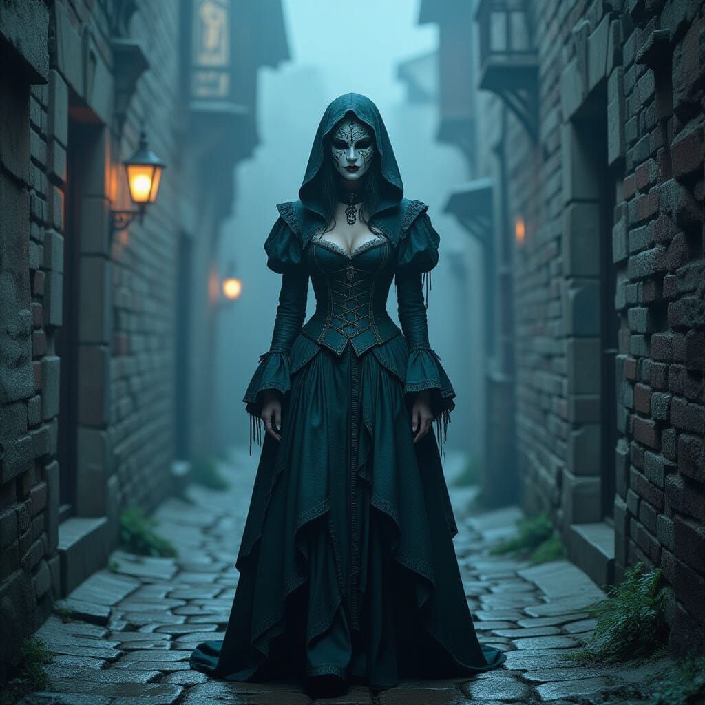 Melancholic Jester in Foggy Alleyway