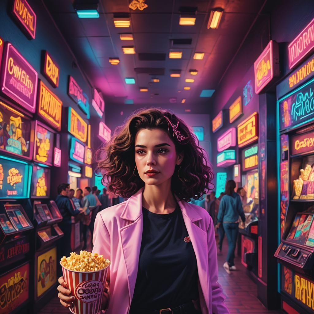 Brunette in 1980s Cinema with Neon Lights