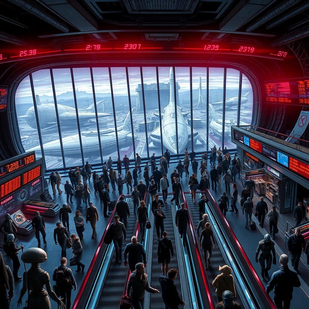 Futuristic Spaceport Scene in Gritty Comic Style