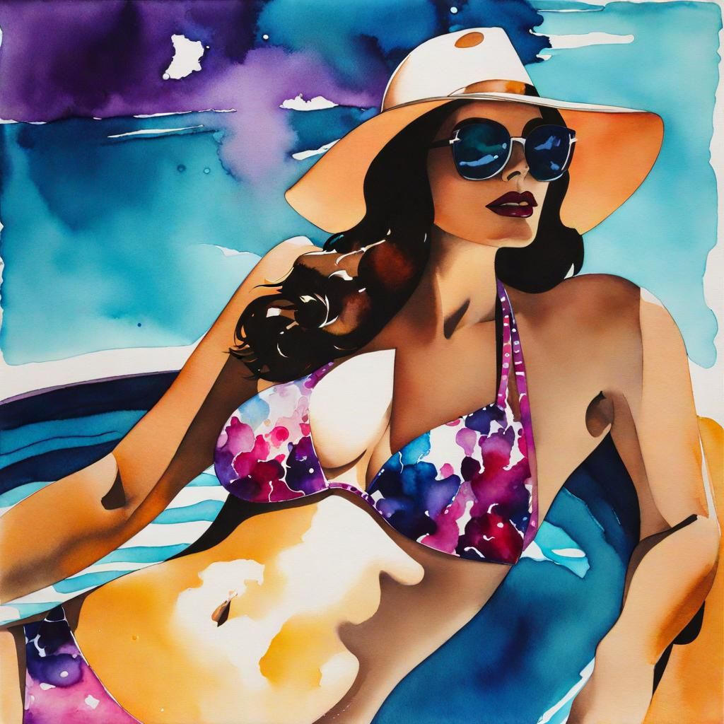 Bikini Model at Pool in Alcohol Ink Style