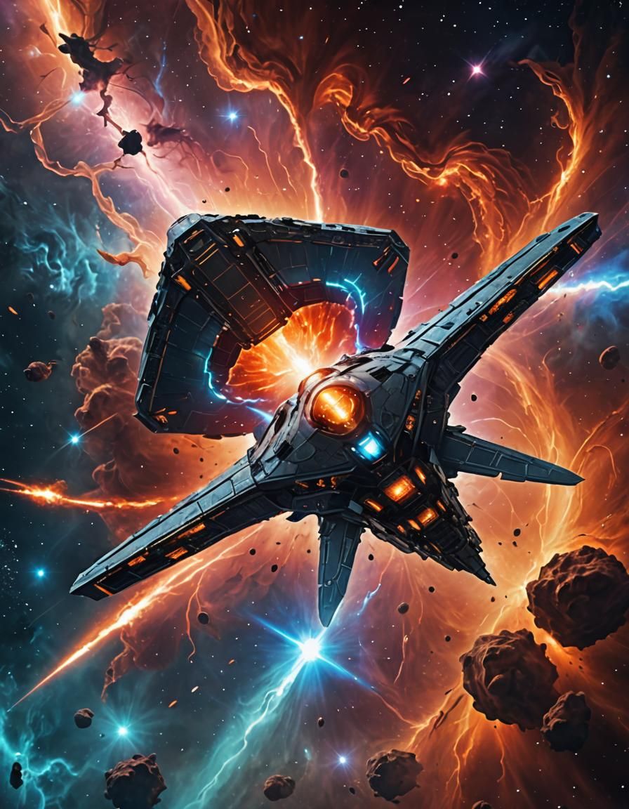 Spaceship Cruises Through Plasma Storm in Sci-Fi Art