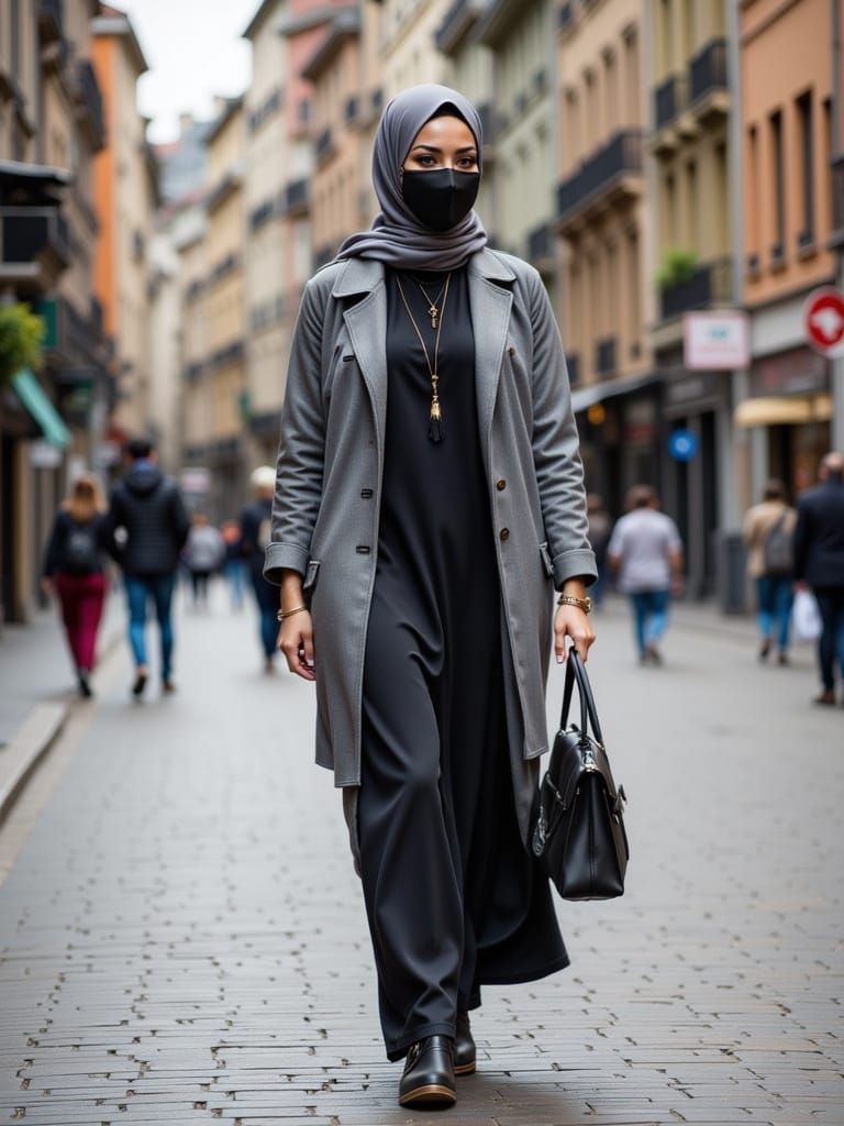 Woman in Hijab and Facemask Walks Through City