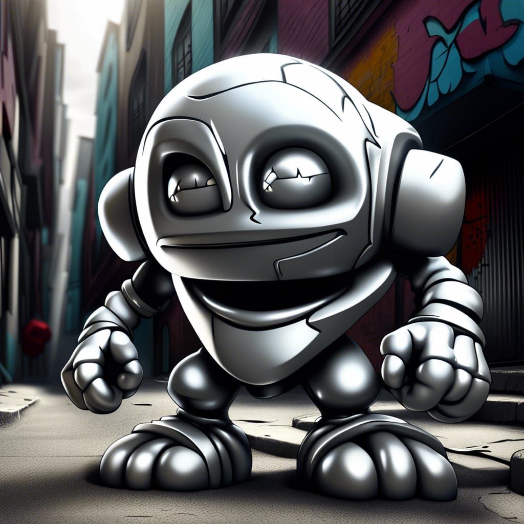 Cartoon silver golem graffiti art,street art, spray paint, high contrast, ultra detailed, ultra quality, CGSociety