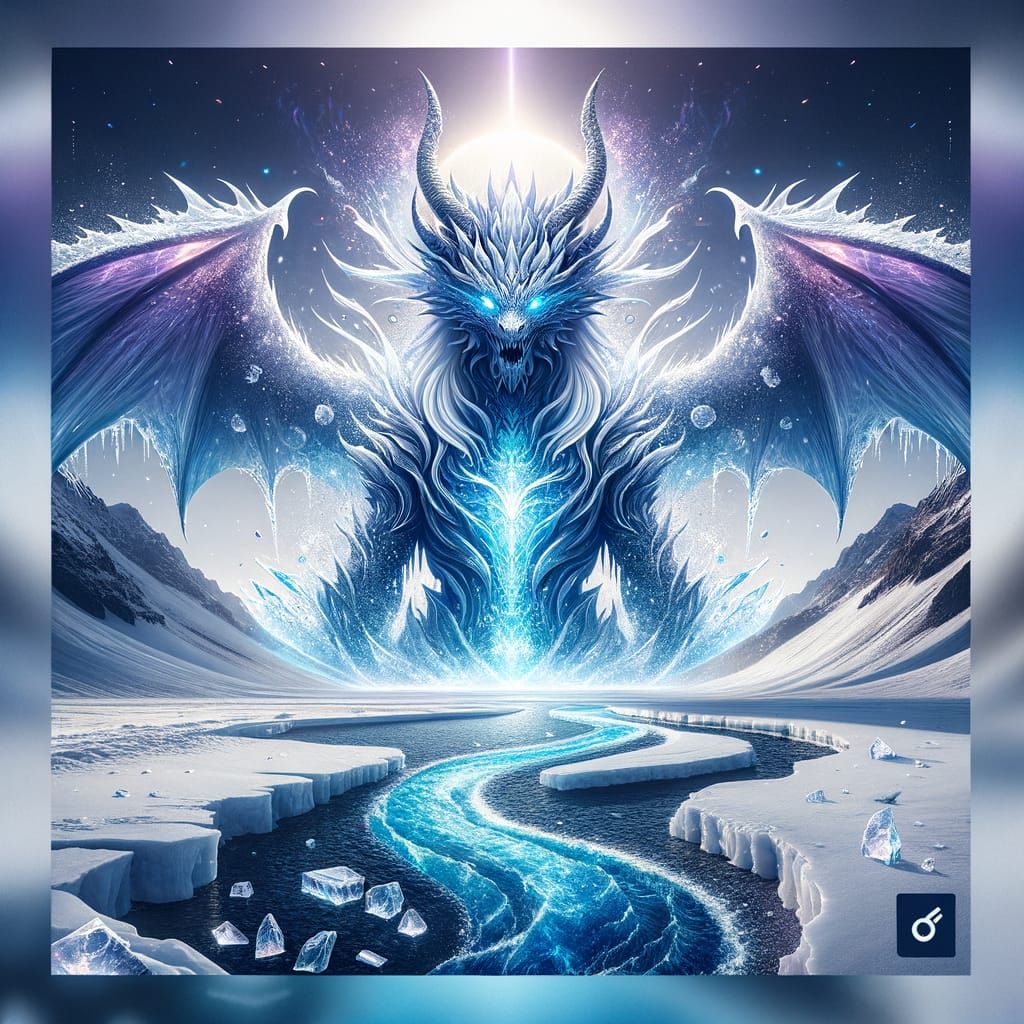 Ice Dragon Over Glacial River in Purple and White