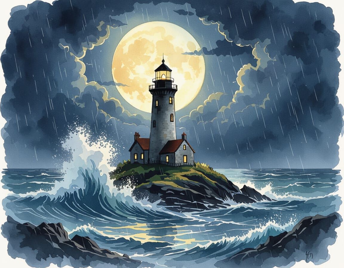 Moonlit Lighthouse on Stormy Island, Watercolour