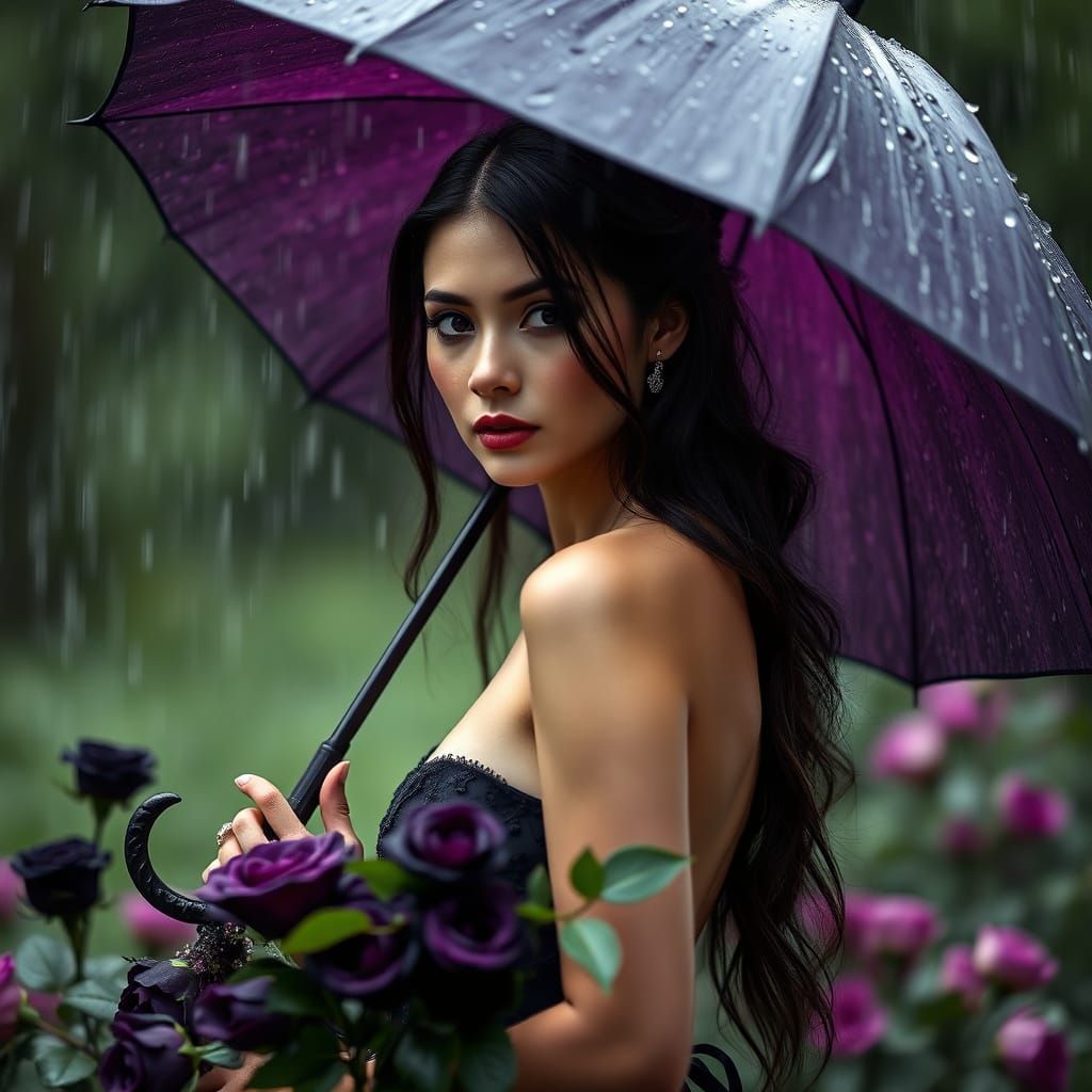 Woman in Black and Purple Gown in Rain