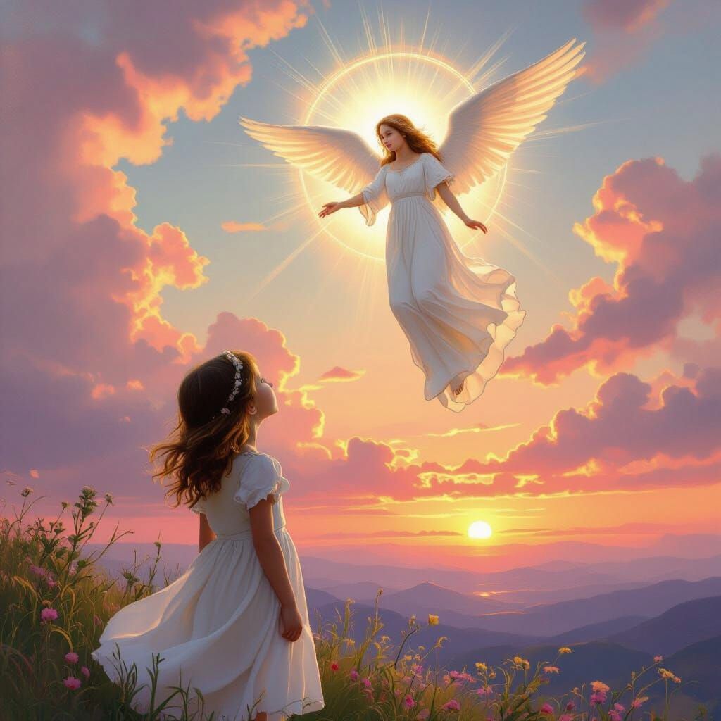 Angelic Descent at Sunset: A Bouguereau Impression