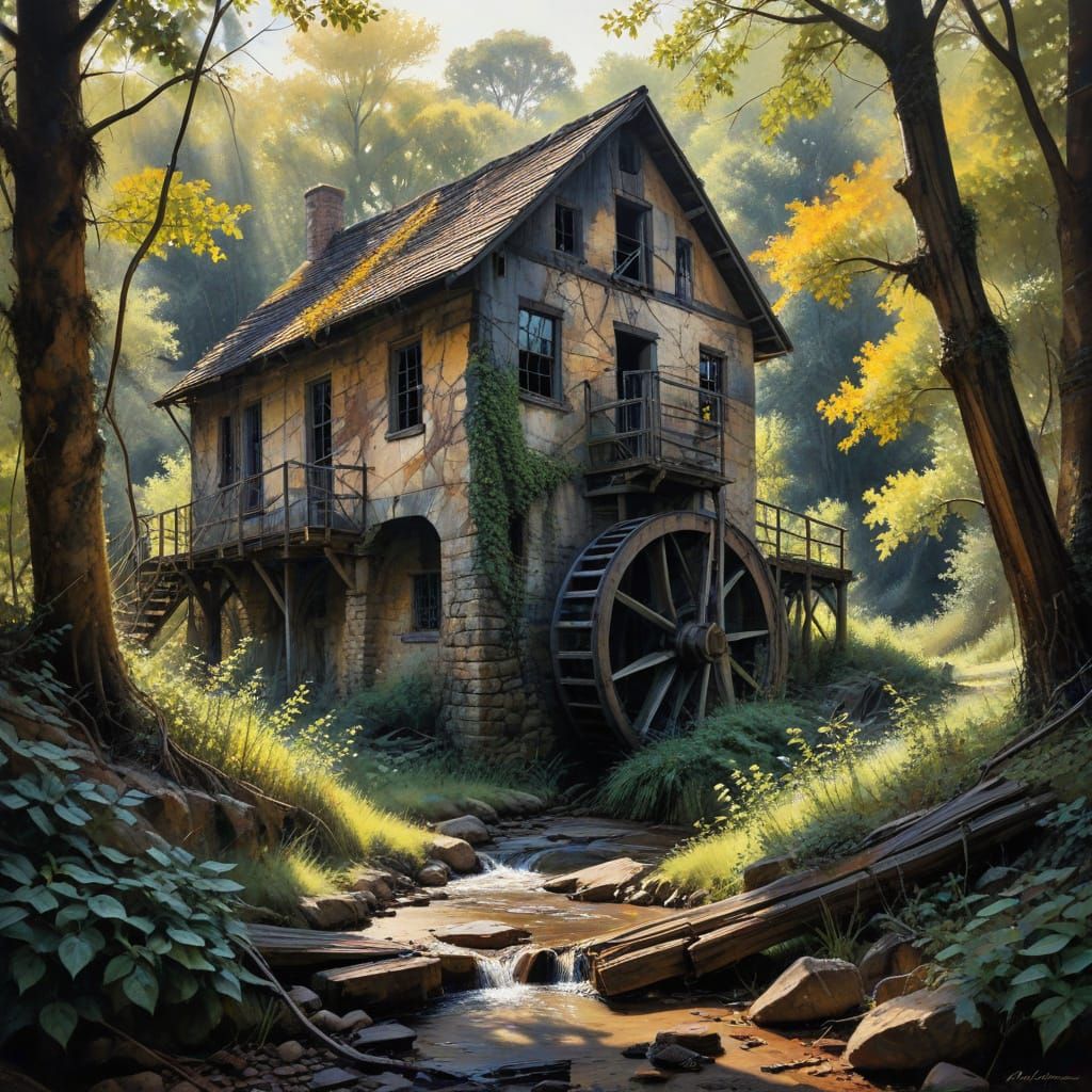 Serene Watermill Landscape in Earthy Tones