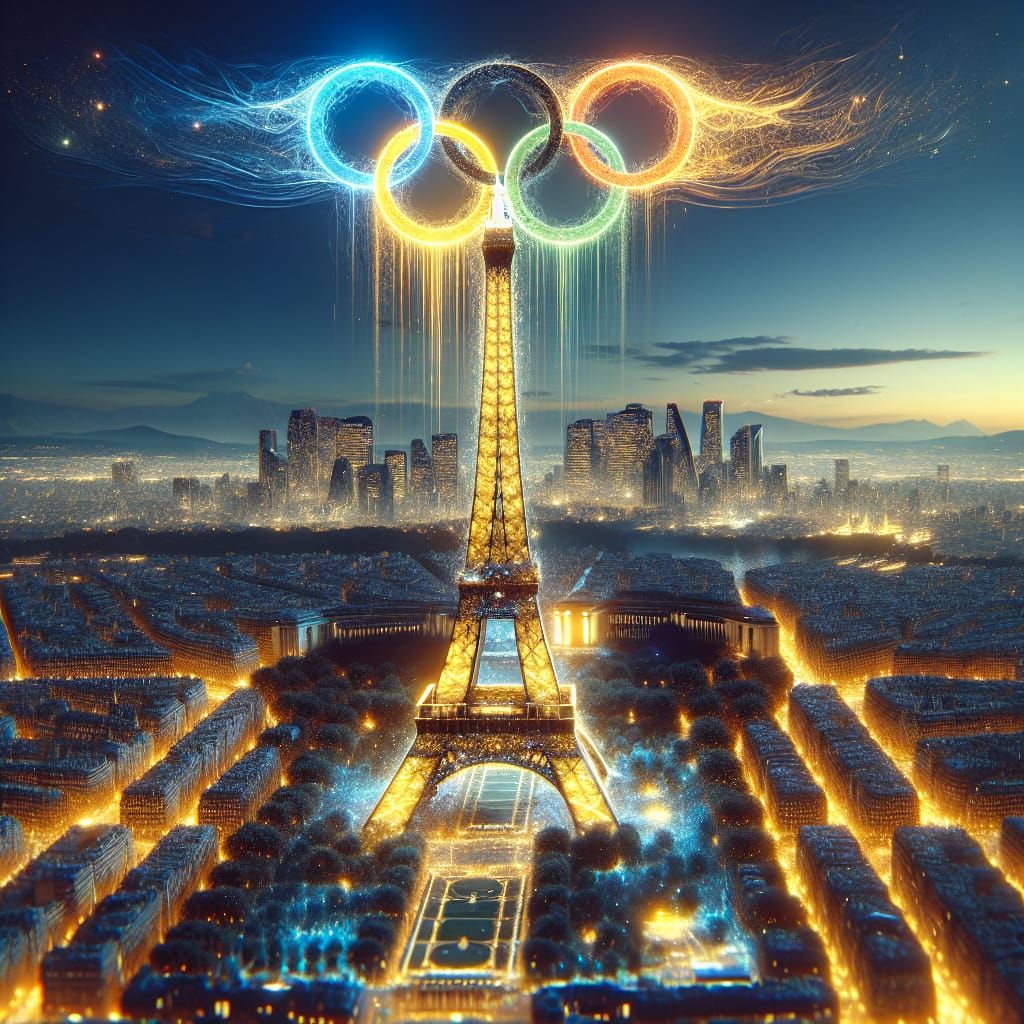 Eiffel Tower Aglow with Olympic Rings at Night