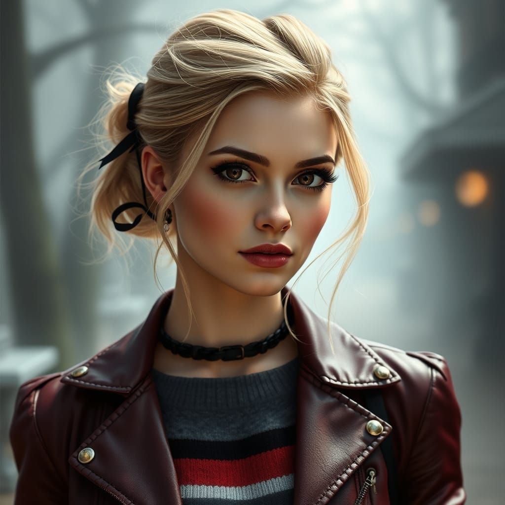 Ethereal Fantasy Woman in Dark Red Leather Jacket and Grey S...