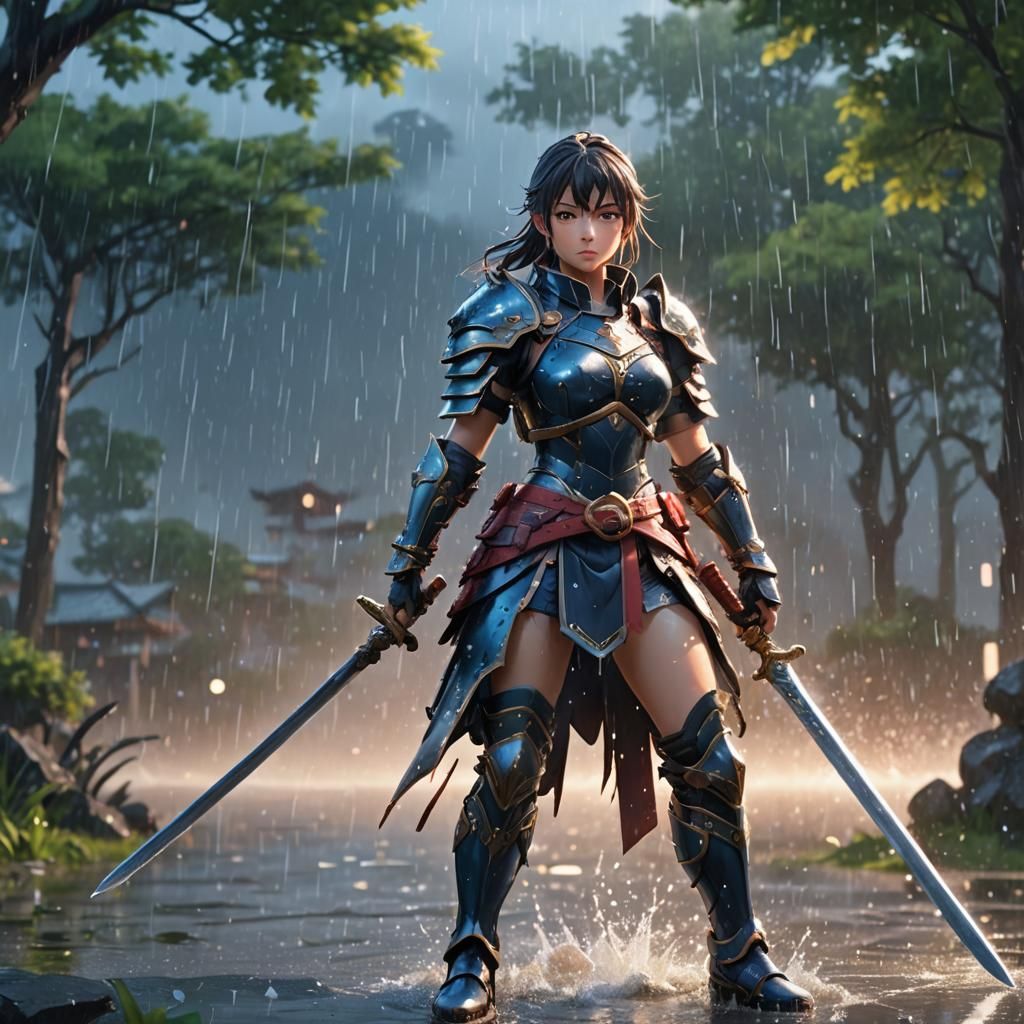Anime Warrior in Rain with Sword Raised