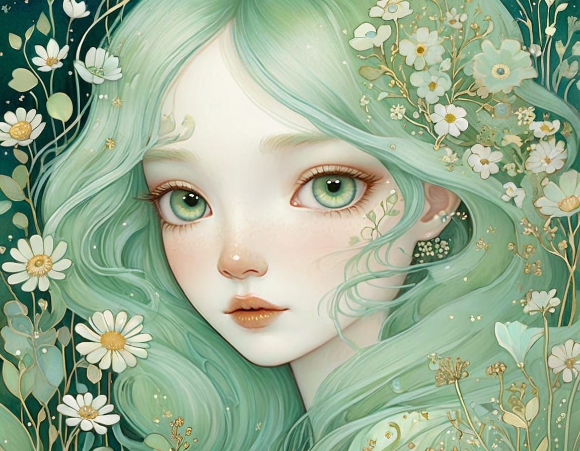 Delicate Pale Green Wildflowers Artfully Rendered