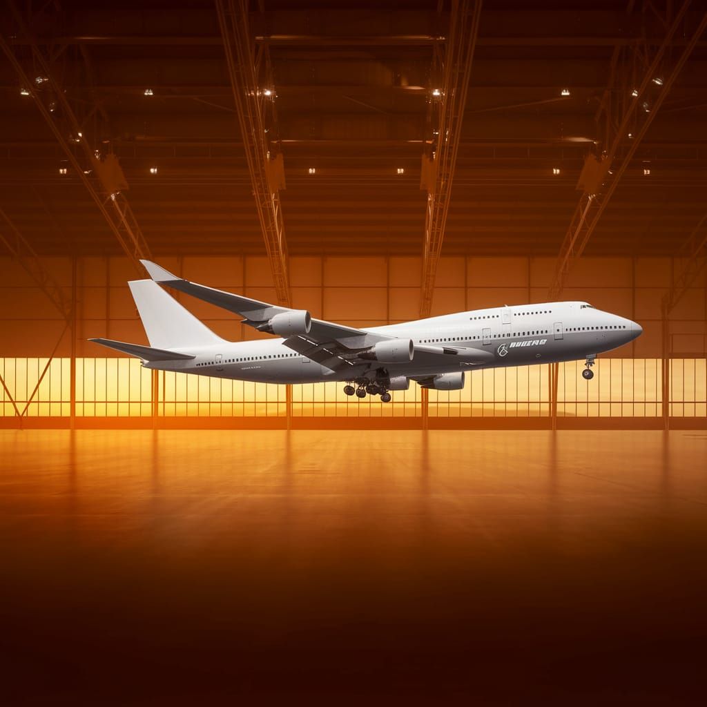 Iconic Boeing 747 Suspended in Warm-Hued Hangar