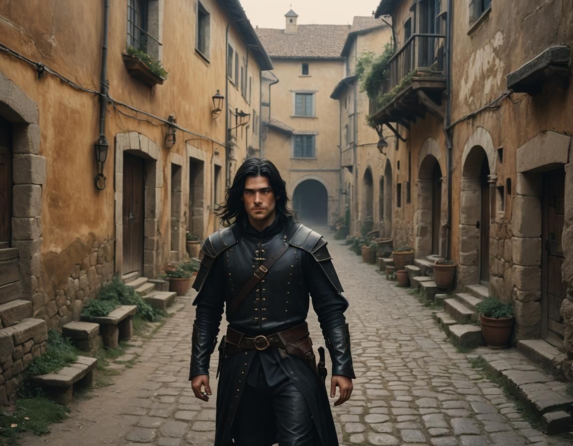 Man in 15th Century Suit in Roman Village