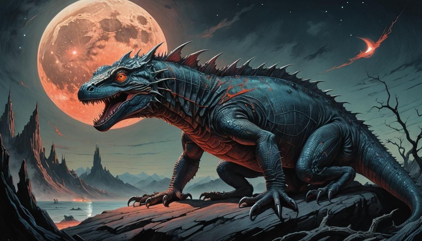 Heartbroken Lizard Under Silver Moon in Charcoal Pastel