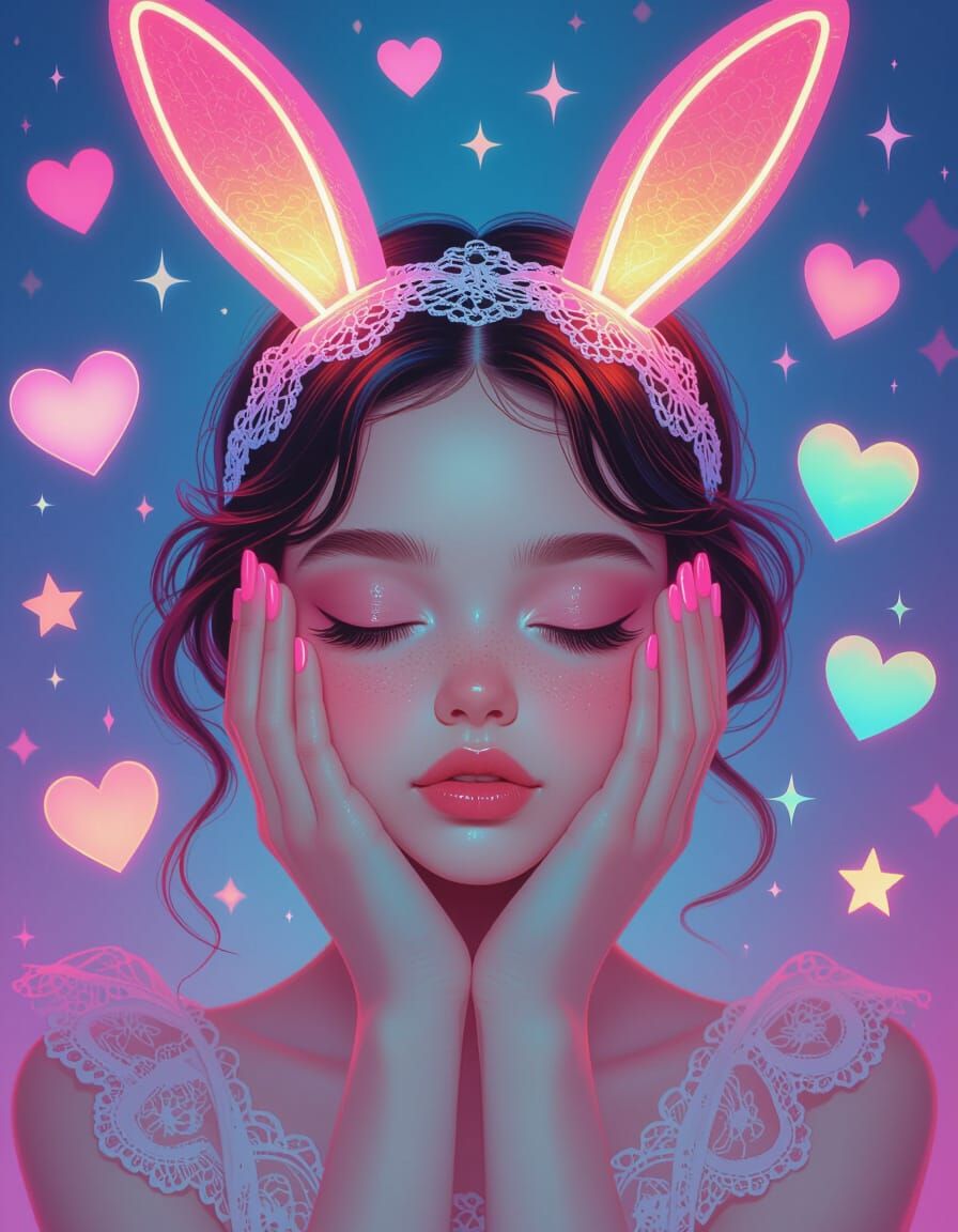 Dreamy Girl With Neon Horns in Pop Art Style