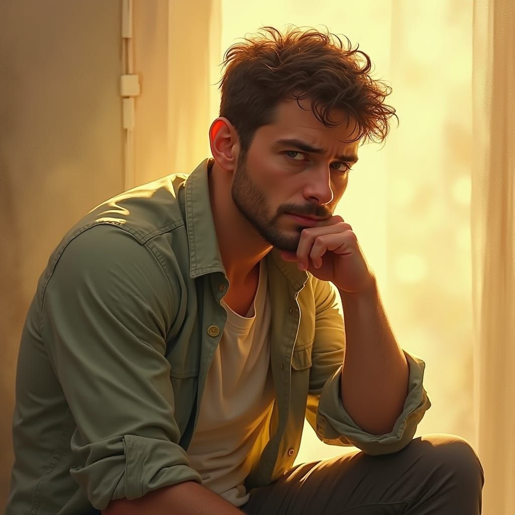 Contemplative Man in Golden Light, Digital Painting Style