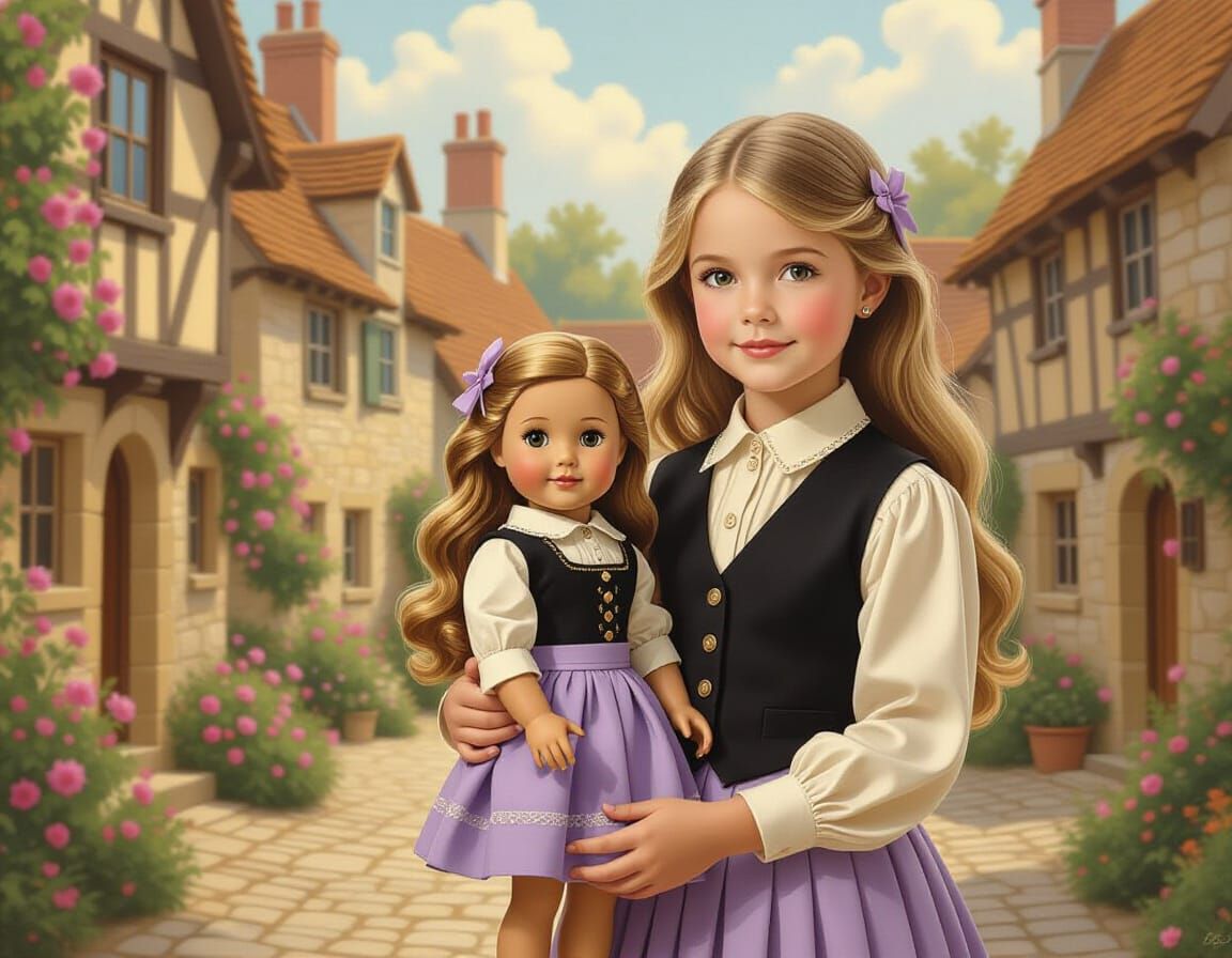 Girl with Doll in Quaint English Village