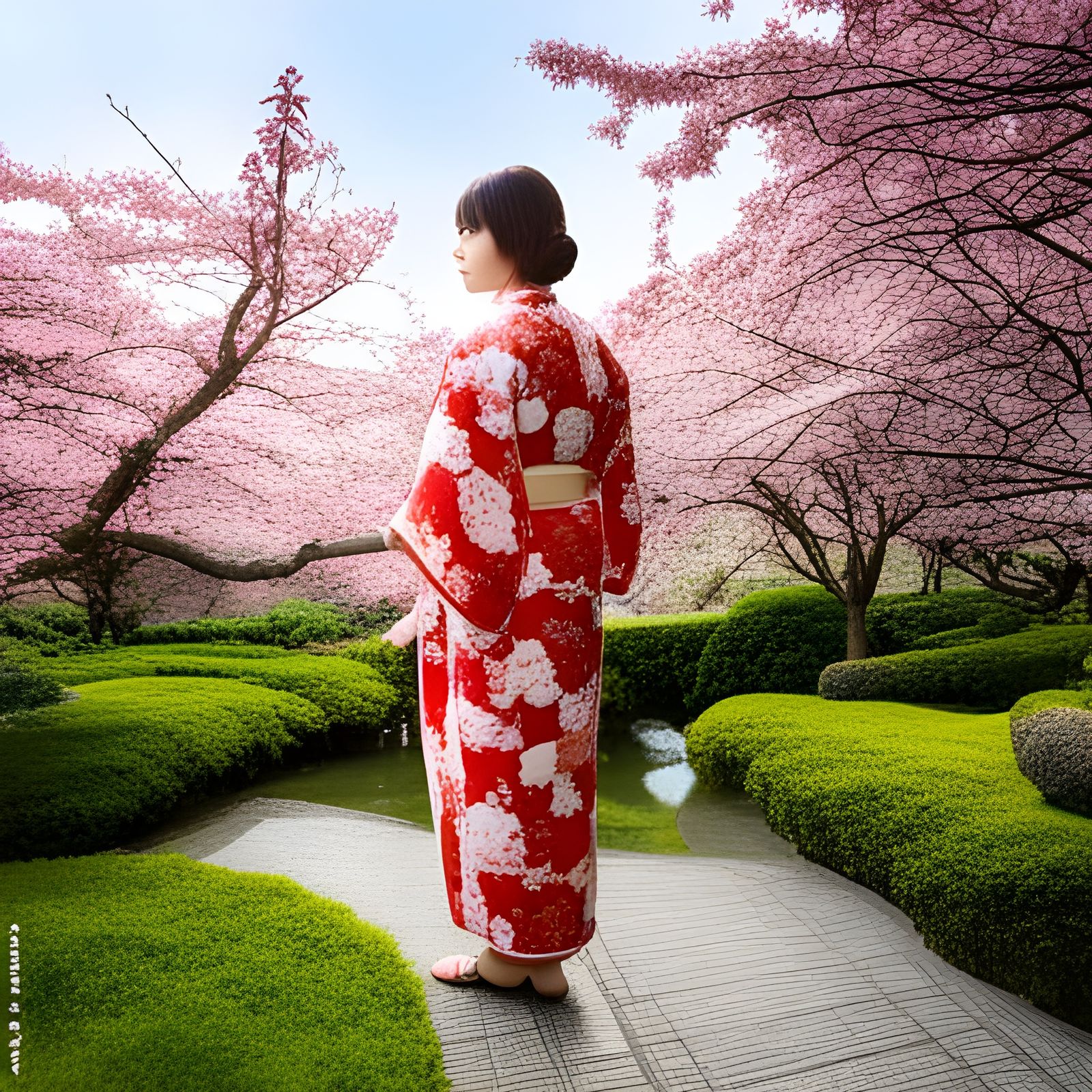Japanese Woman in Kimono in Garden