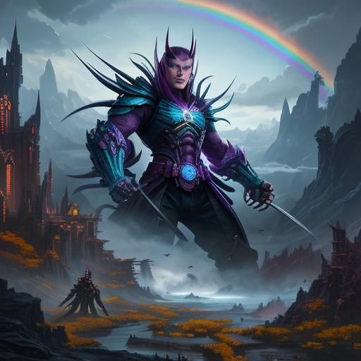 Rainbow Haired Girl with Wolverine in Fantasy Art