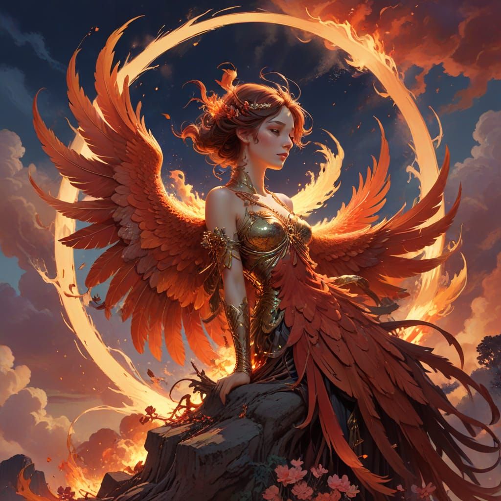 Phoenix Rising from Embers in Art Nouveau Style