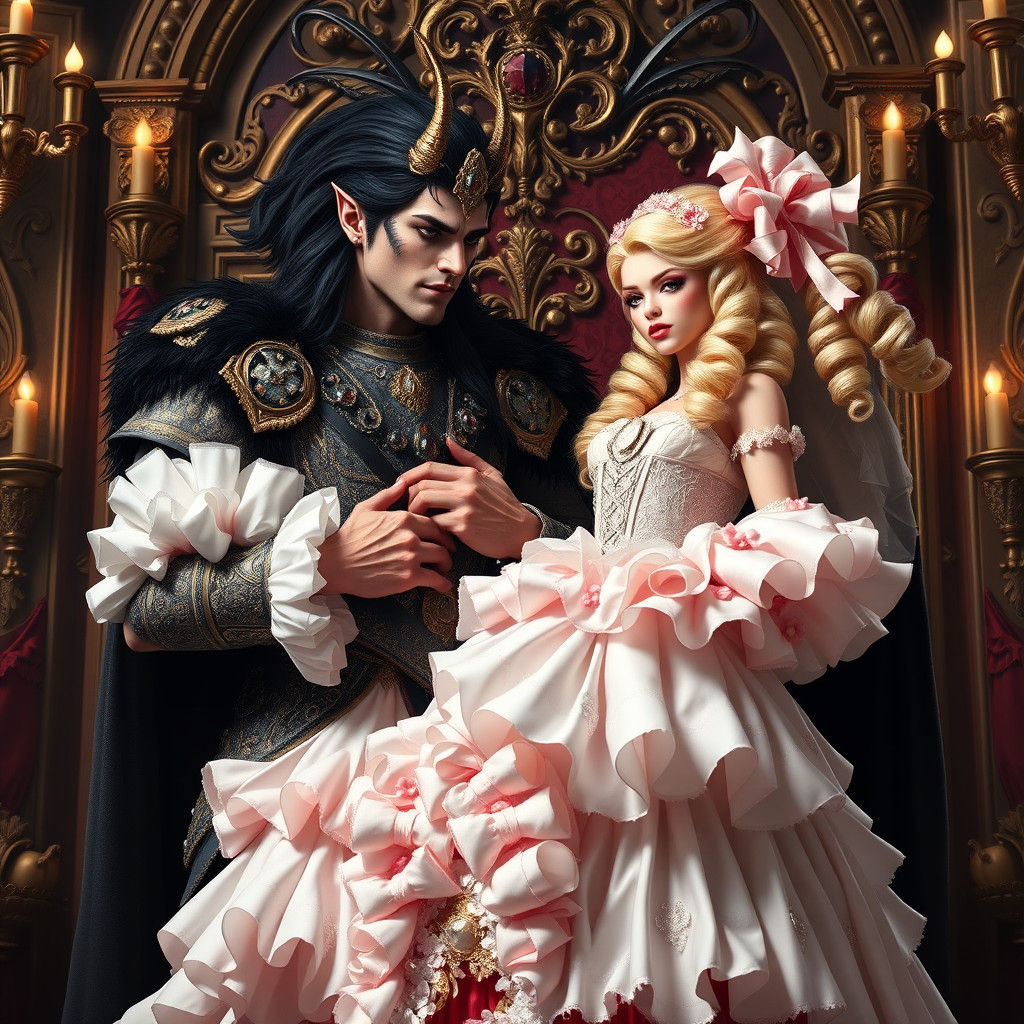 Demon King and Sissy Princess in Opulent Throne Room