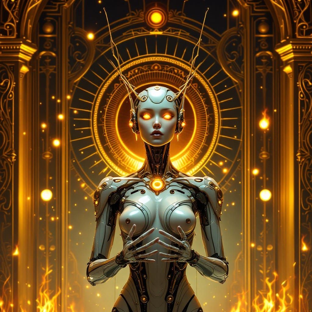 Android in Biomechanical Baroque Shrine with Solar Halo
